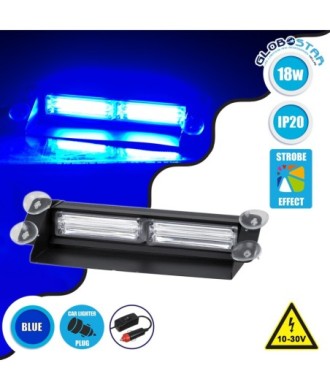 GloboStar® 85114 PRO Series Μπάρα Σήμανσης με Βεντούζες για Παρμπρίζ Οχήματος Αστυνομίας για Αυτοκίνητα & Φορτηγά 13 Προγραμμάτων Φωτισμού STROBE LED CREE CXB COB 18W DC 10-30V IP20 Μπλε